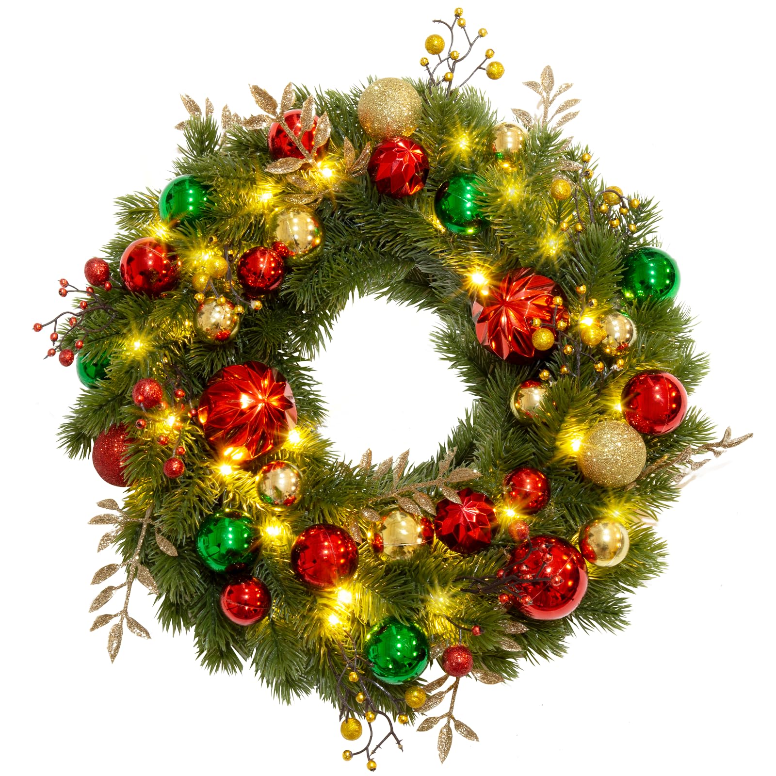 Quntis Christmas Wreaths for Front Door, 40CM 40 LED Lighted Red
